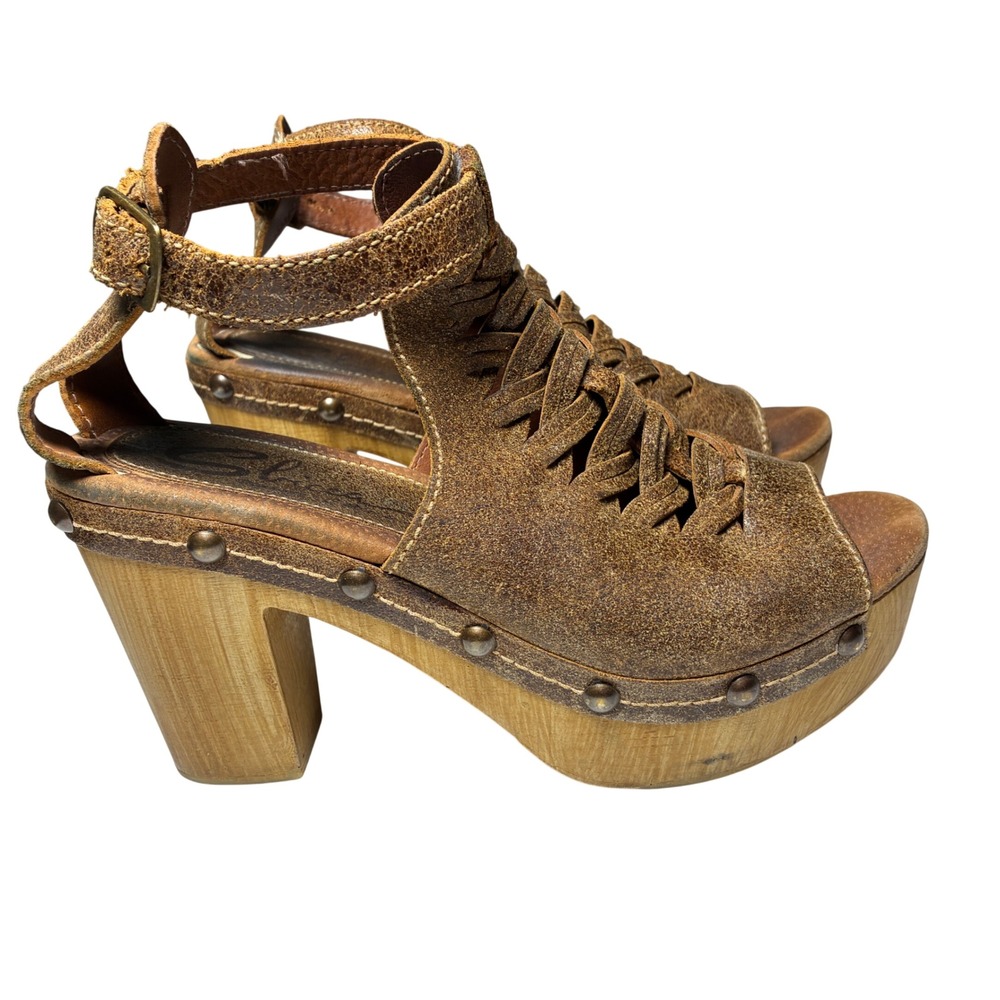 Sbicca Brown Leather Woven Platform Sandals Studded Boho Made Italy Womens 39